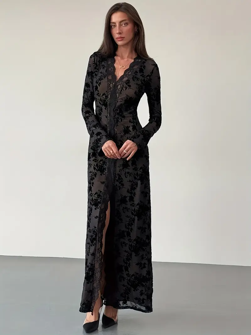 Elegant Long Sleeve V-Neck Lace Dress