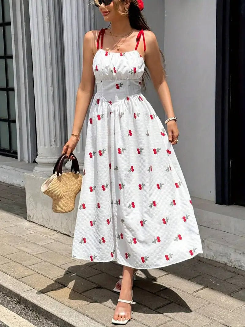 Summer Cherry Print Sleeveless Midi Dress