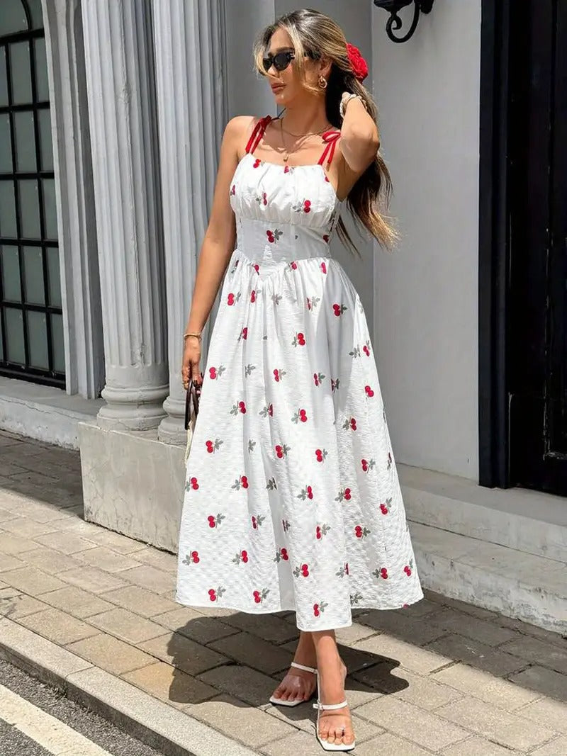 Summer Cherry Print Sleeveless Midi Dress