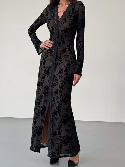 Elegant Long Sleeve V-Neck Lace Dress
