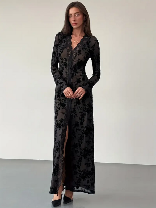 Elegant Long Sleeve V-Neck Lace Dress