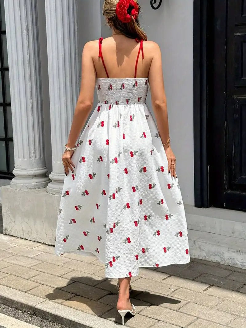 Summer Cherry Print Sleeveless Midi Dress
