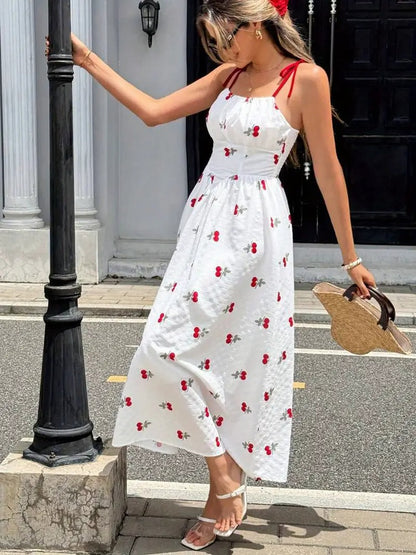 Summer Cherry Print Sleeveless Midi Dress